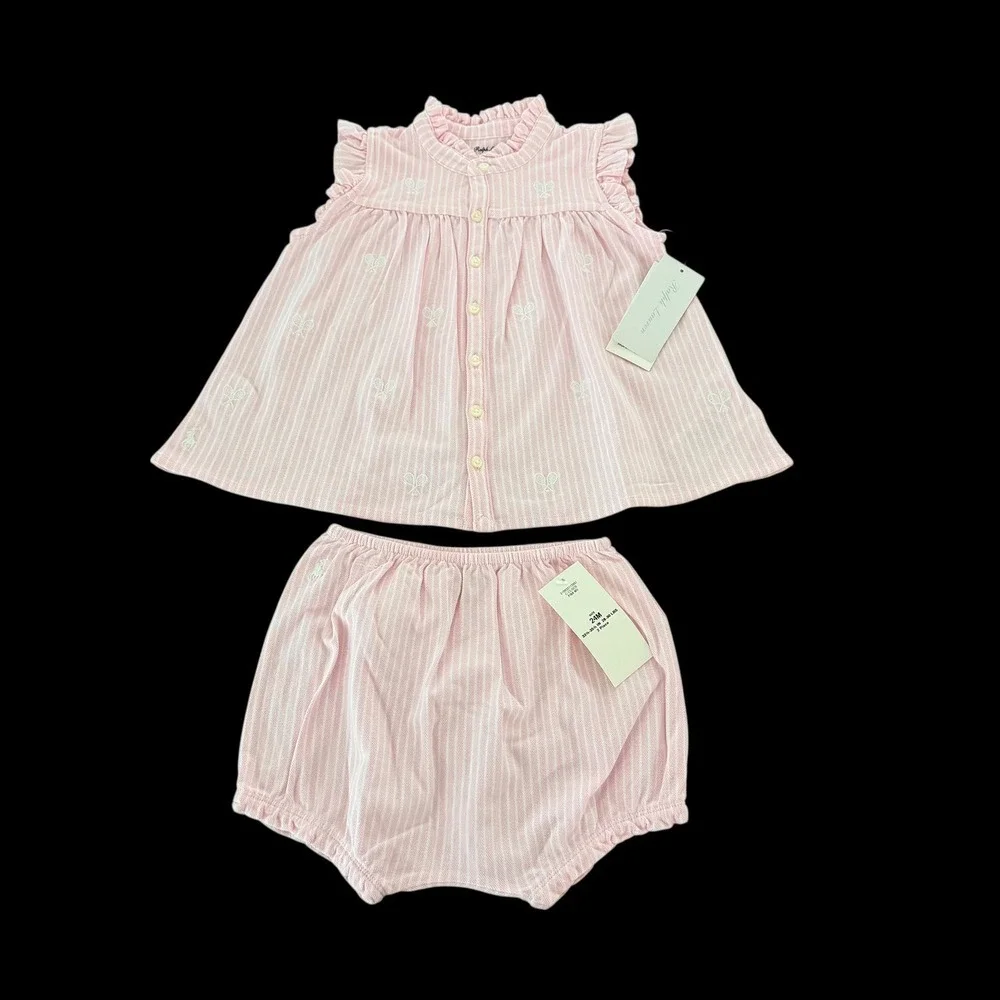 Ralph Lauren Baby Girls Pink White Stripe Tennis‎ Bow Dress Bloomers Set 24M NWT